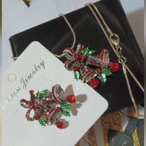 Red Crystal Embellished Bell Christmas Necklace Brooch Gold & Silver